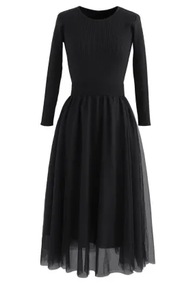 Elasticated Taille Stricken Spleiß Masche Kleid in Schwarz