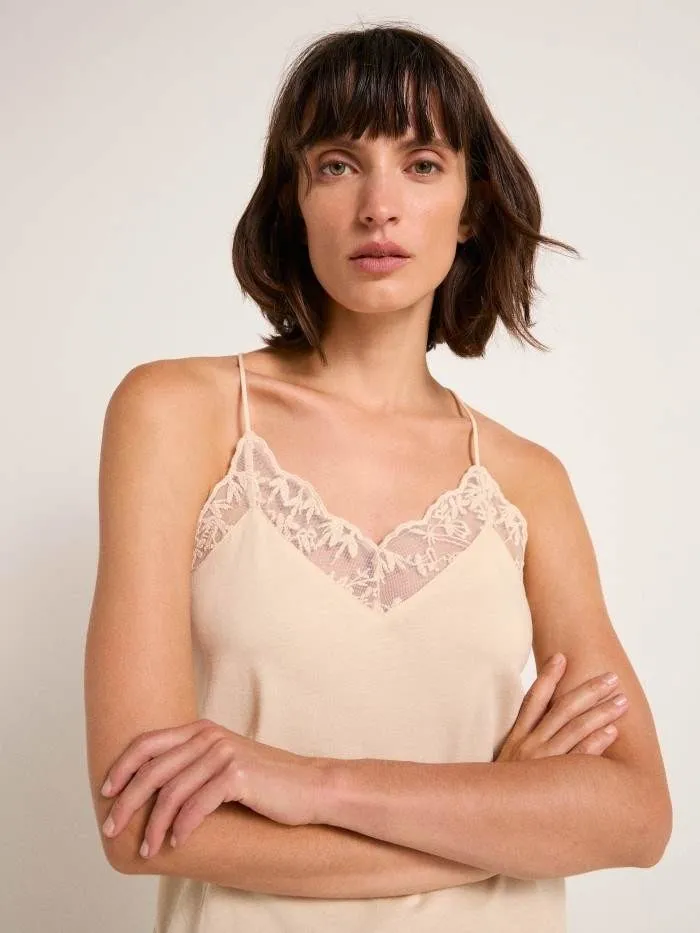 Lanius Damen Top GOTS mit Spitze sand