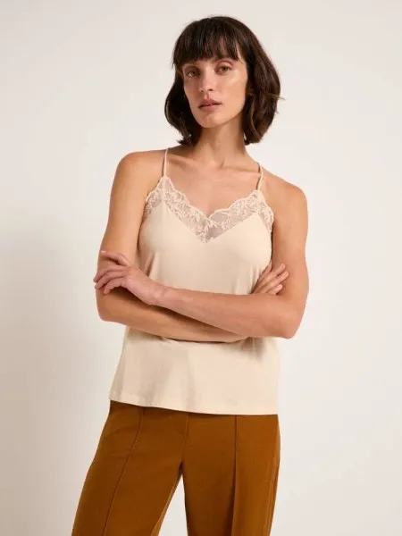 Lanius Damen Top GOTS mit Spitze sand