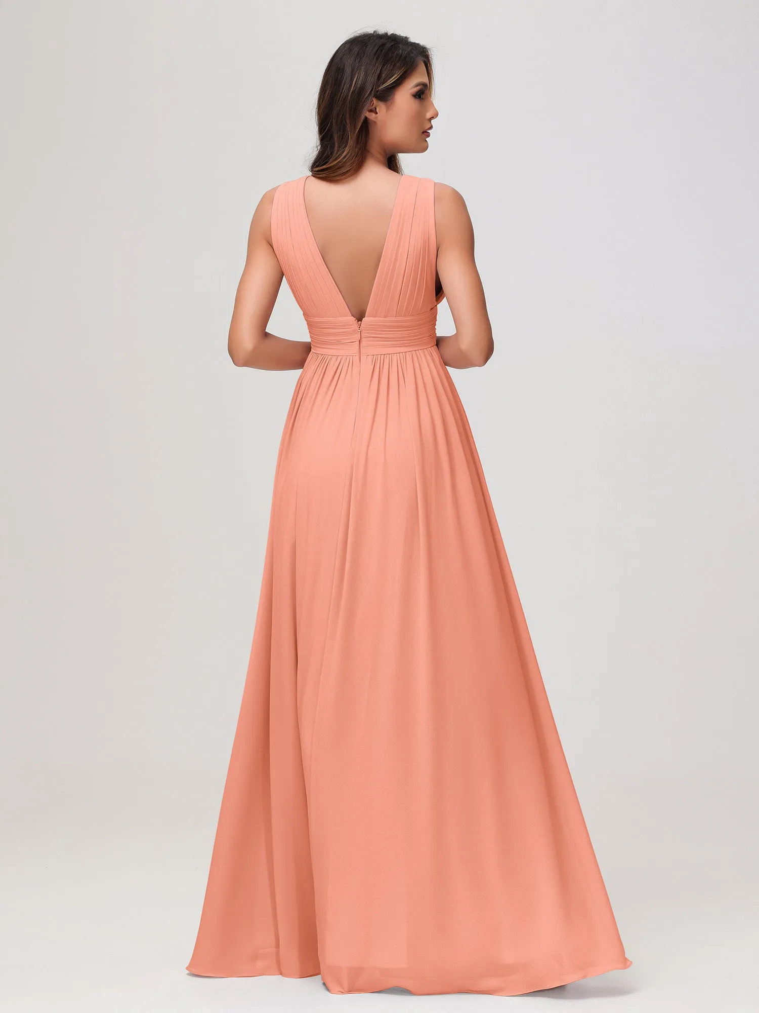 rmellos V-Ausschnitt Chiffon A-Linie Kleid mit Schlitz Papaya
