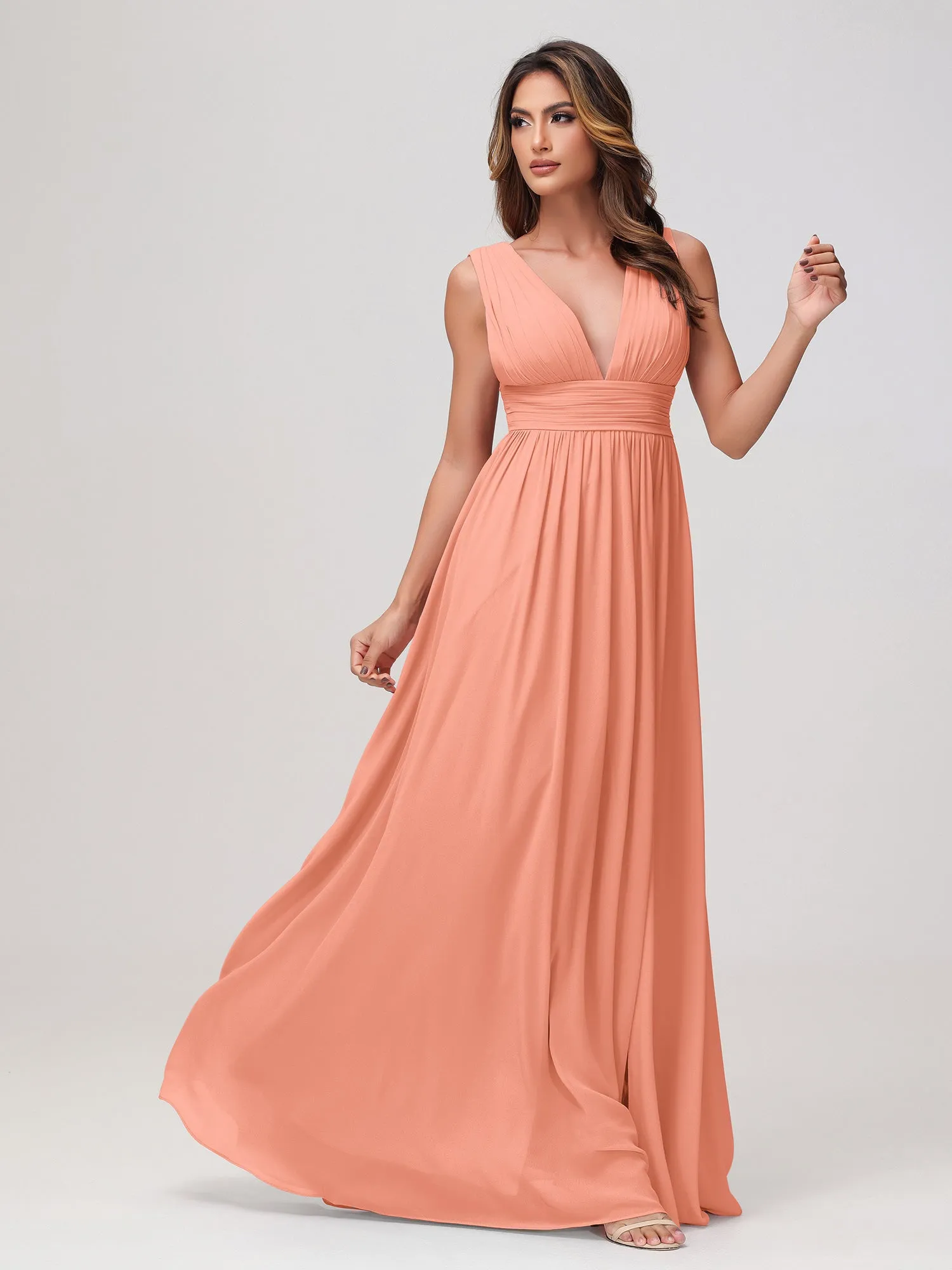 rmellos V-Ausschnitt Chiffon A-Linie Kleid mit Schlitz Papaya