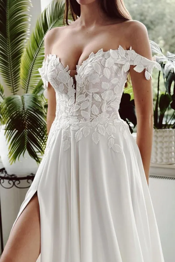 Schlichte Hochzeitskleider Chiffon | Brautkleider mit Spitze