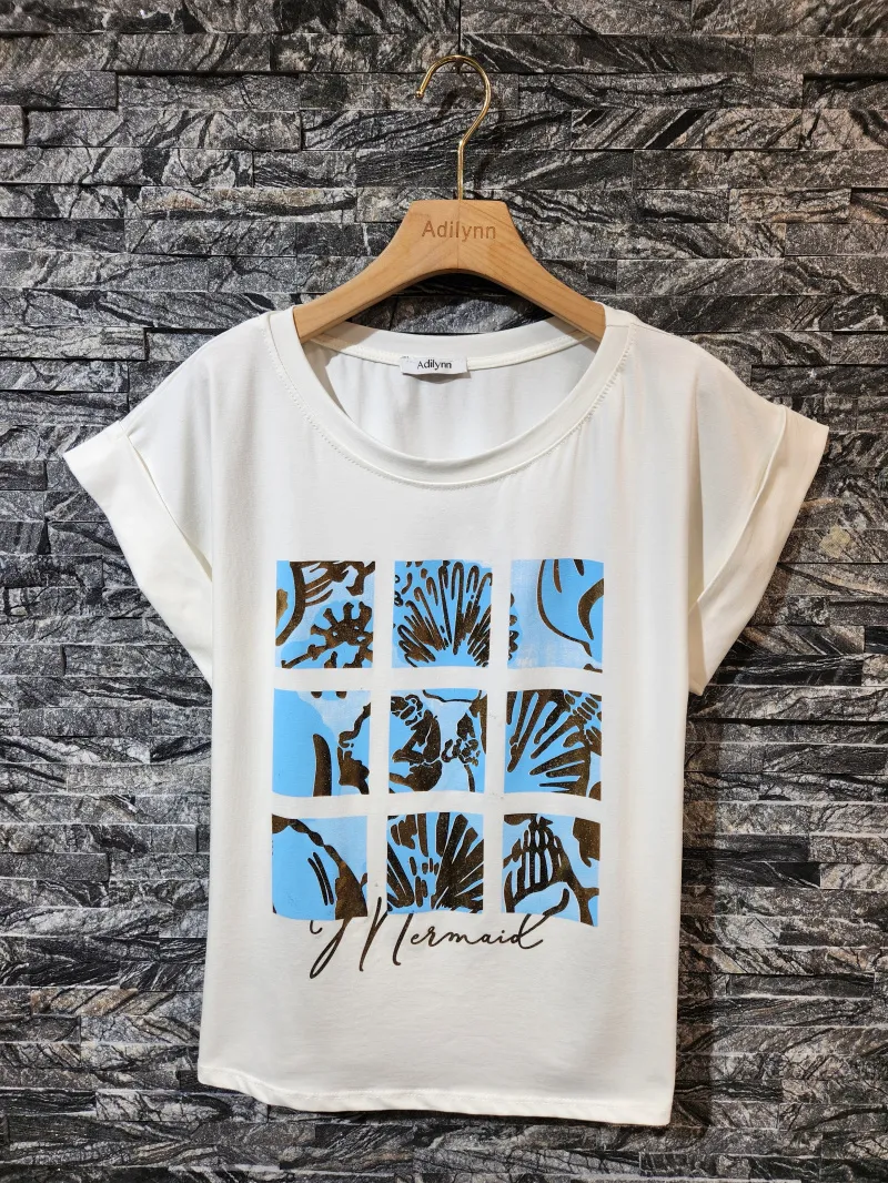 T-Shirt mit „Mermaid“-Aufdruck, Rundhalsausschnitt und kurzen Ärmeln mit Bündchen